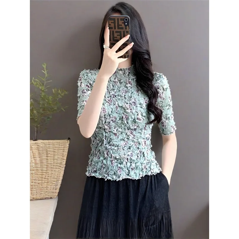 

Miyake Pleated T-shirt High-end Handmade Pleated Tops Women 2025 Summer Half-high Neck Short-sleeved Slim Thin T-shirt Women's