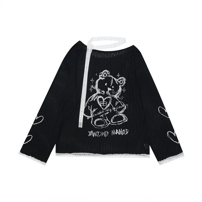 Slash Neck Off Shoulder Loose Camisetas Y2k Cartoon Bear Print Kawaii Tops Women Tshirts Korean Tees Sweet Preppy Style Casual