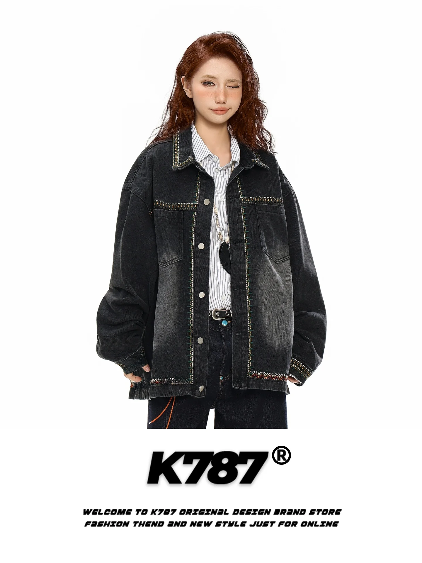 

Retro American Waed Denim Jaet Loose Fit Collared ex Spring Outerwear Youth Trend Cotton Polyester Blend K787