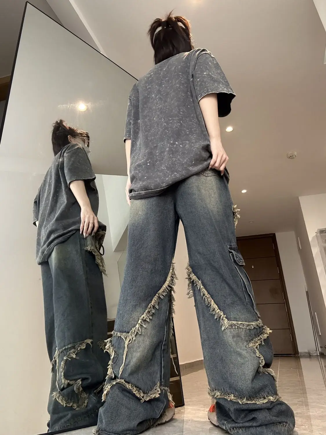 Y2K Vintage kadınlar Denim kot kore Streetwear boy yıldız estetik düz pantolon geniş bacak kot Grunge pantolon giysileri