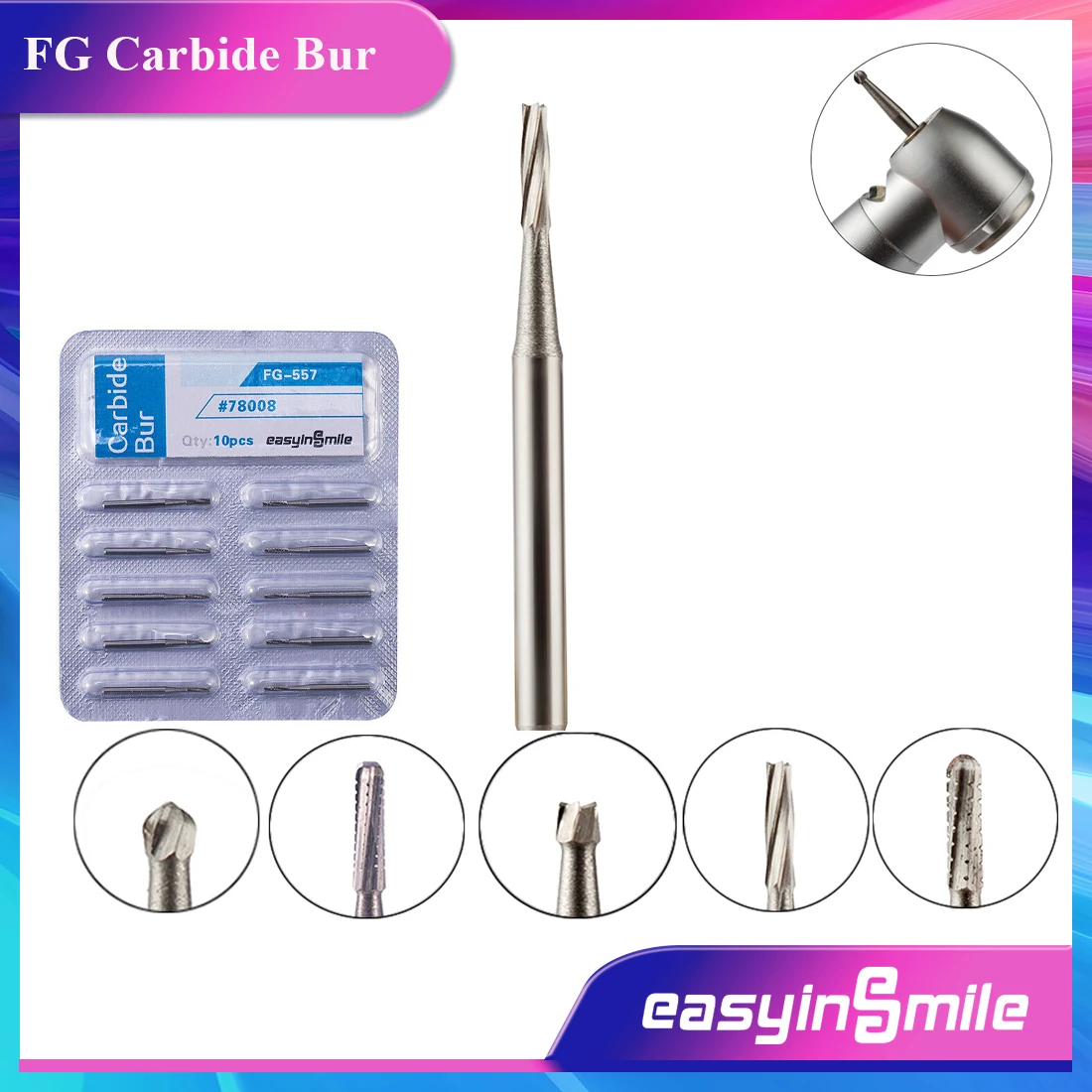 10Pc Dental Carbide Tungsten Drills FG Surgical Polishing Burs Cylinder/Round/Taper/Inverted Cone For High Handpiece EASYINSMILE