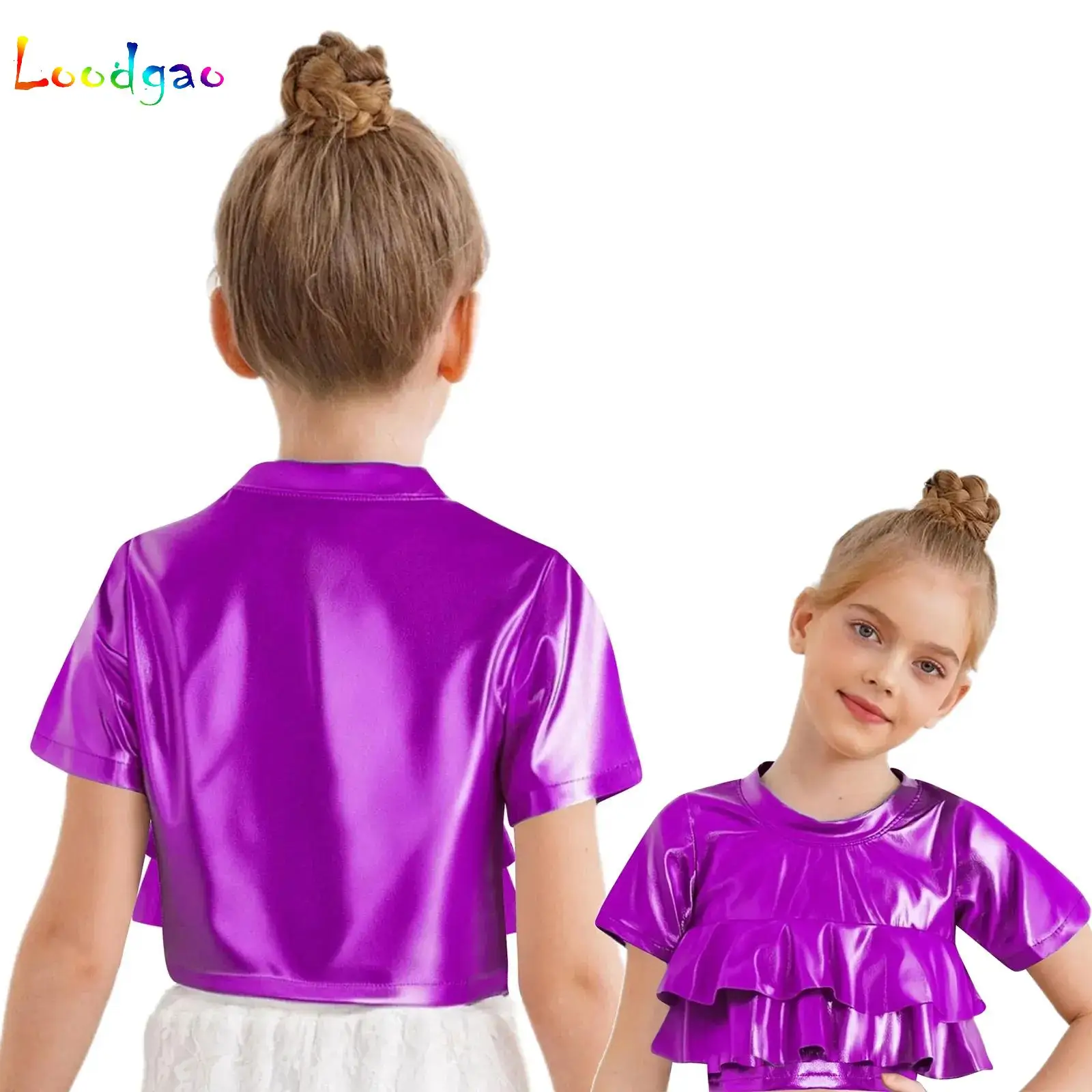 

Kids Girls Metallic Ruffled Hip Hop Jazz Dance Crop Top Short Sleeves T-shirt for Cheerleading Party Modern Stage Performance