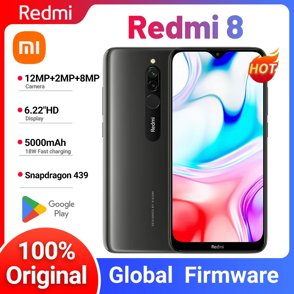 Xiaomi Redmi 8 smartfon z podwójną kartą SIM 12 MP + 2 MP + 8 MP 6,22-calowy ekran 4G LTE używany telefon Snapdragon 439 ośmiordzeniowy