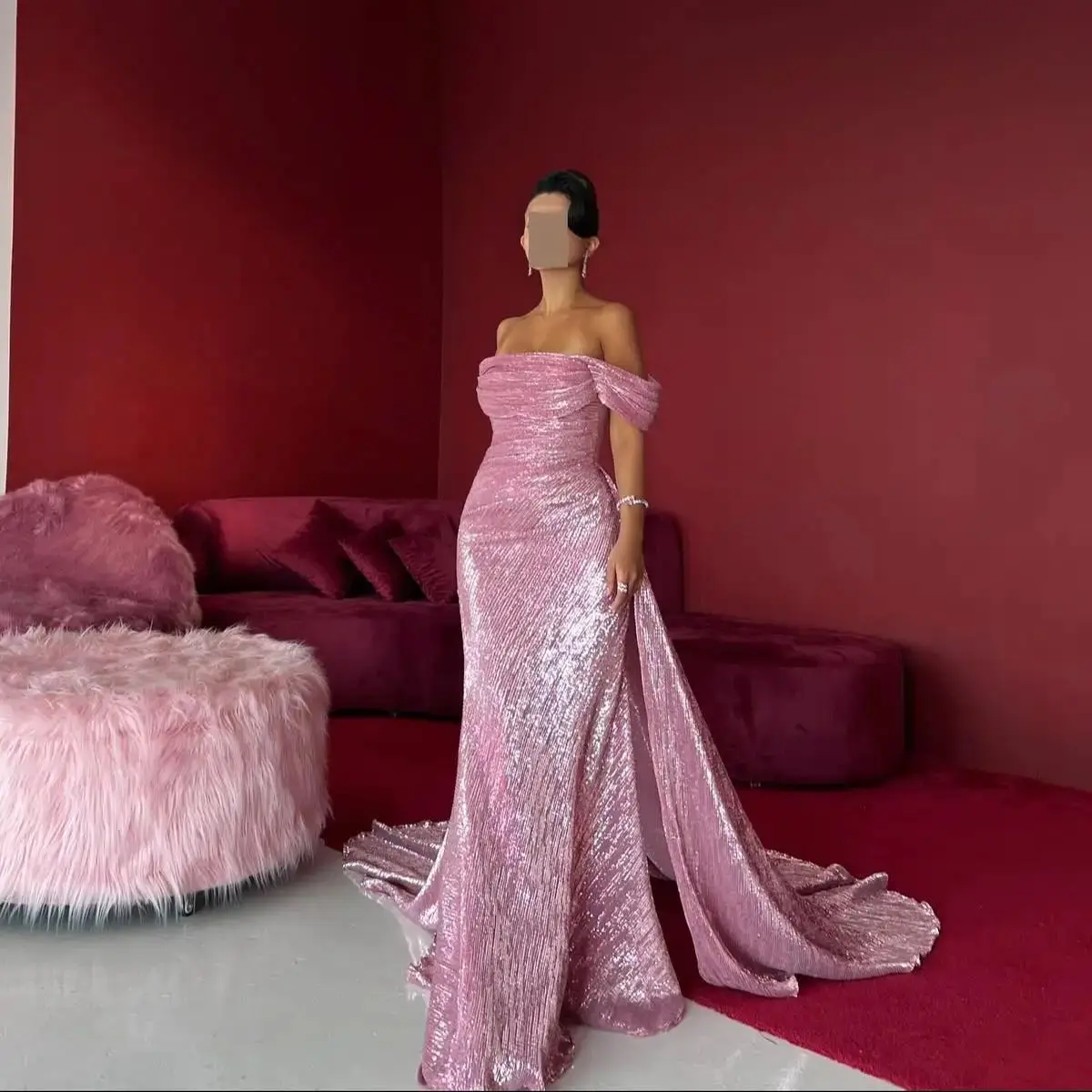 

Elegant Pink Mermaid Prom Dress for Women Off Shoulder Vestidos de Fiesta with Shawl Shiny Sequin Formal Party Gowns Customized