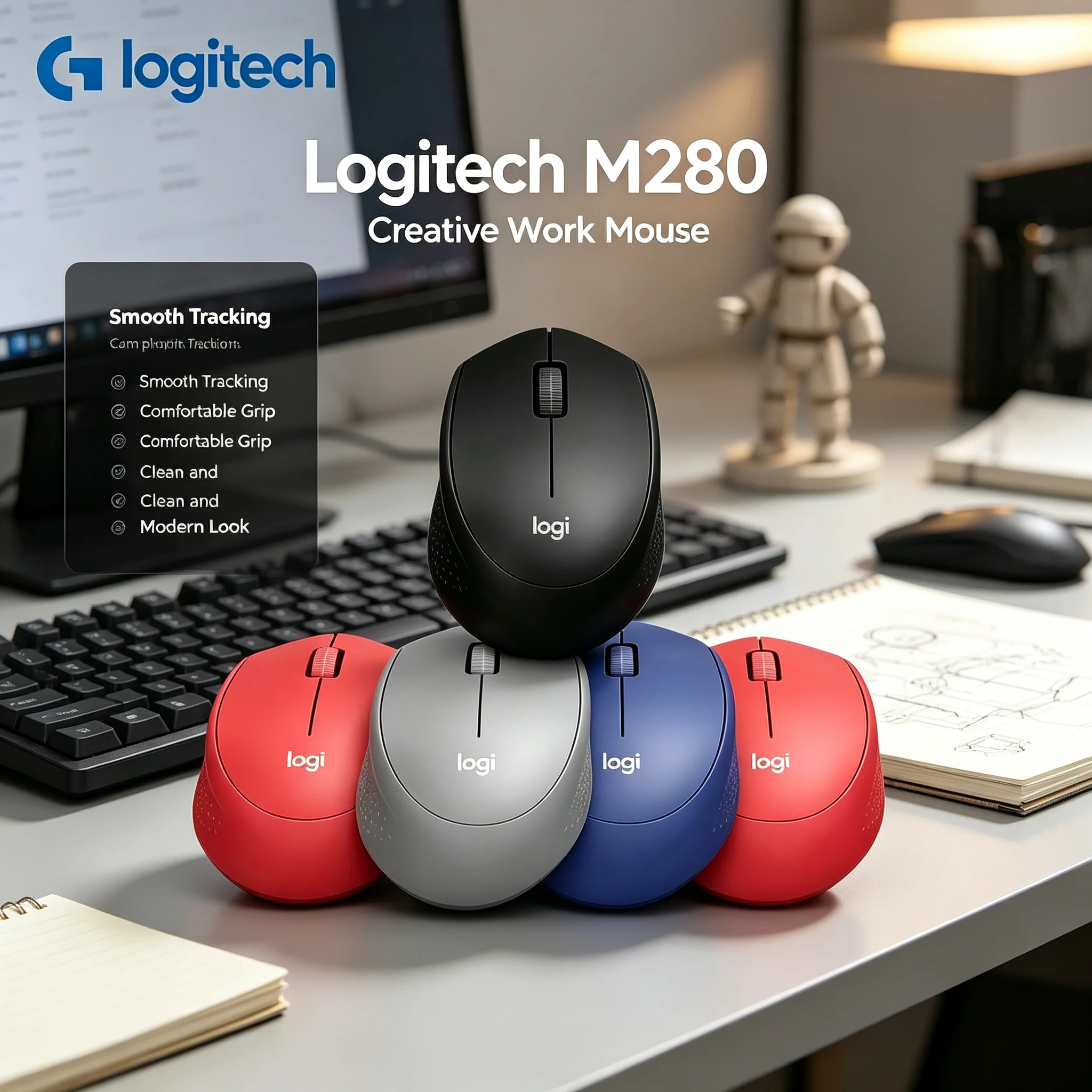 Logitech M280 Ergonomic Wireless Mouse, Smooth Optical Tracking 2.4G Mice for Desktop Laptop Daily Office Work