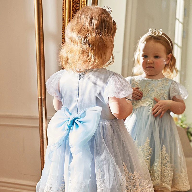 Dave Bella Pearl Embroidery Blue Gauze Back Bow Children\'s Dress  Princess Dress Party Dress DB2233966