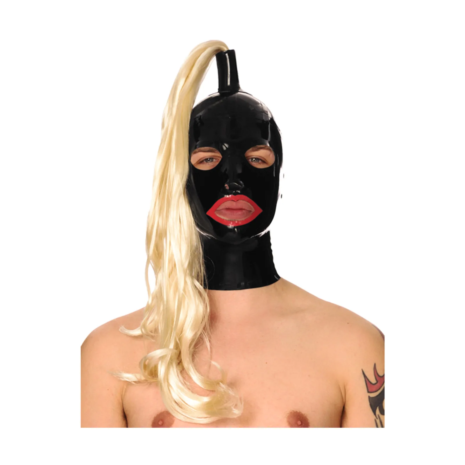 

MONNIK Latex Mask Unisex Hood with Gold Hairpiece and Rear Zipper Handmade for Party Catsuit Clubwear Cosplay