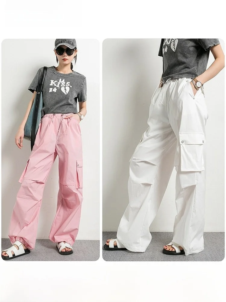 

Модные летние женские брюки карго свободного кроя с высокой талией, широкими штанинами, тонкие, на резинке, для работы и улицы