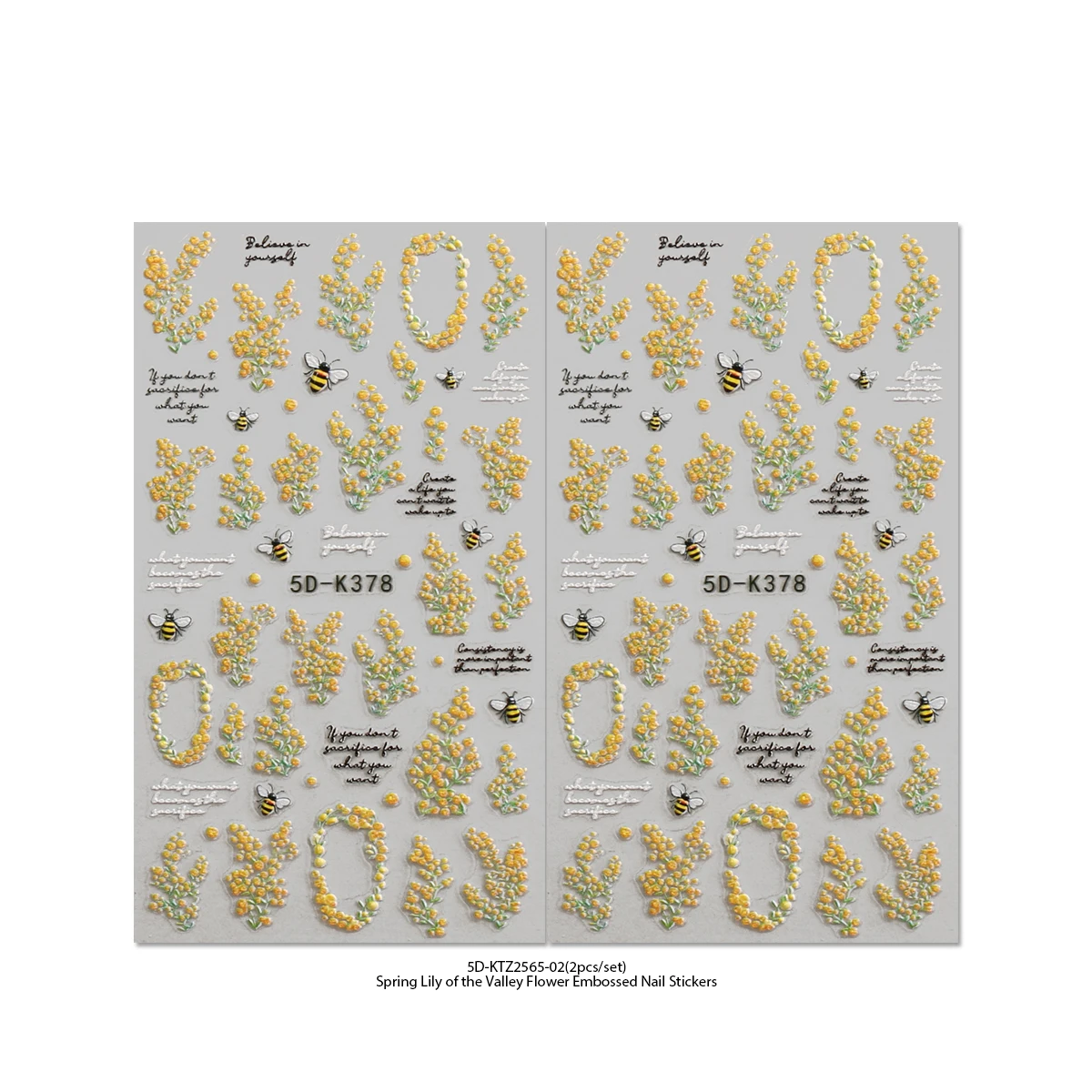 Spring Lily of the Valley & Bee 5D Embossed Nail Stickers - Yellow Green Lily, Bee & Word Nail Decals - For Spring Daily, E