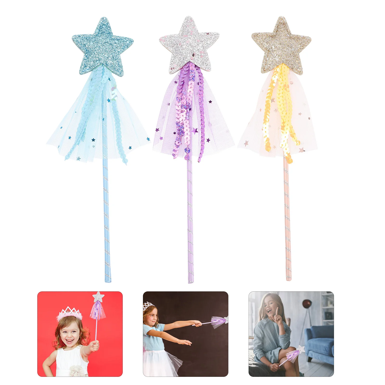 

3pcs Wand for Girls Fairy Costume Accessories Star Sequin Wand Birthday Party Decoration Stage Performance Gift