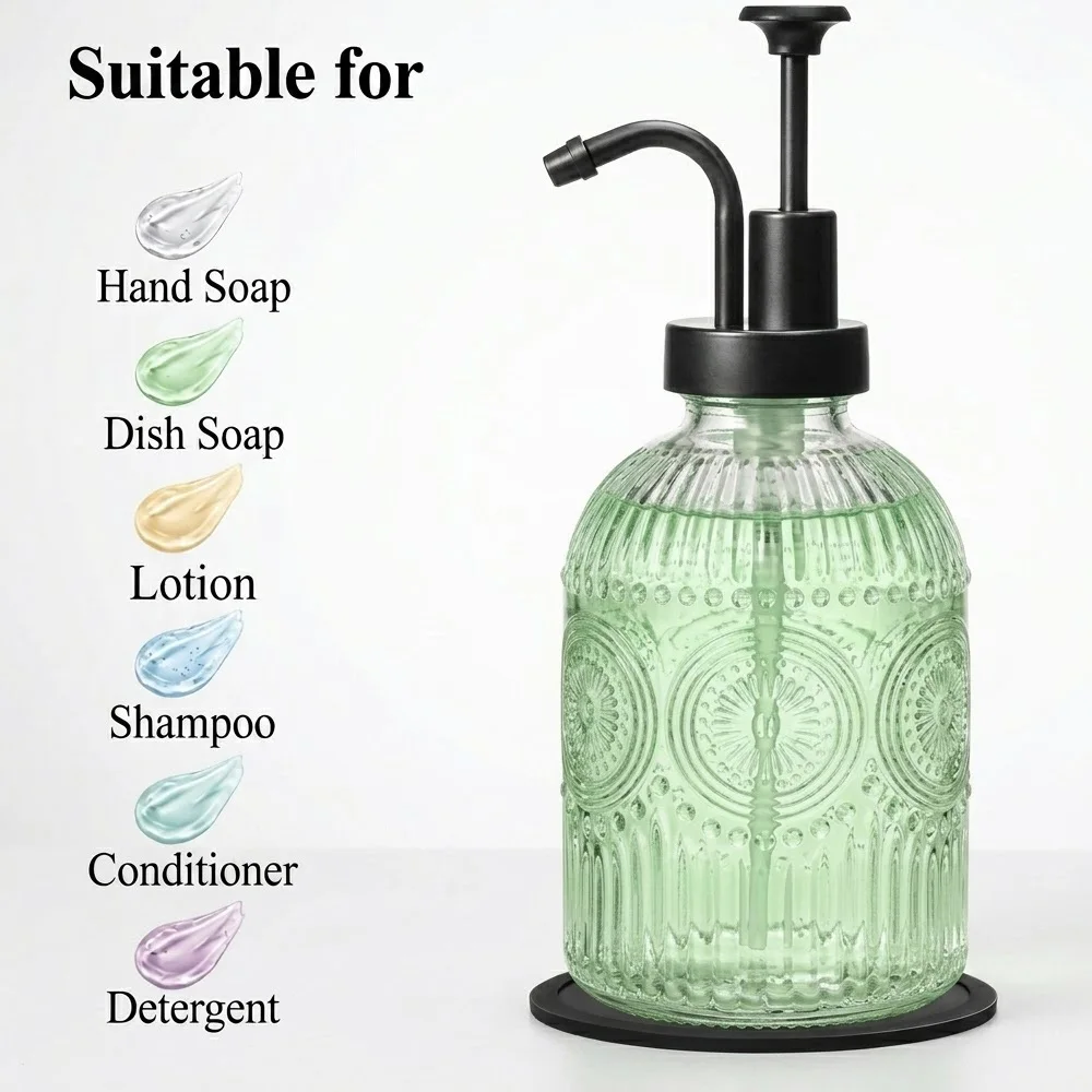 Retro Embossed Glass Soap Dispenser with Premium 304 Stainless Steel Pump Hand Liquid Lotion Bottle for Kitchen Bathroom Decor