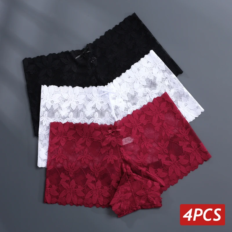 4Pcs/Set Lace Floral Perspective Boyshort Panties For Women Cute Bowknot Summer Breathable Boxer Short Female Intimates Lingerie