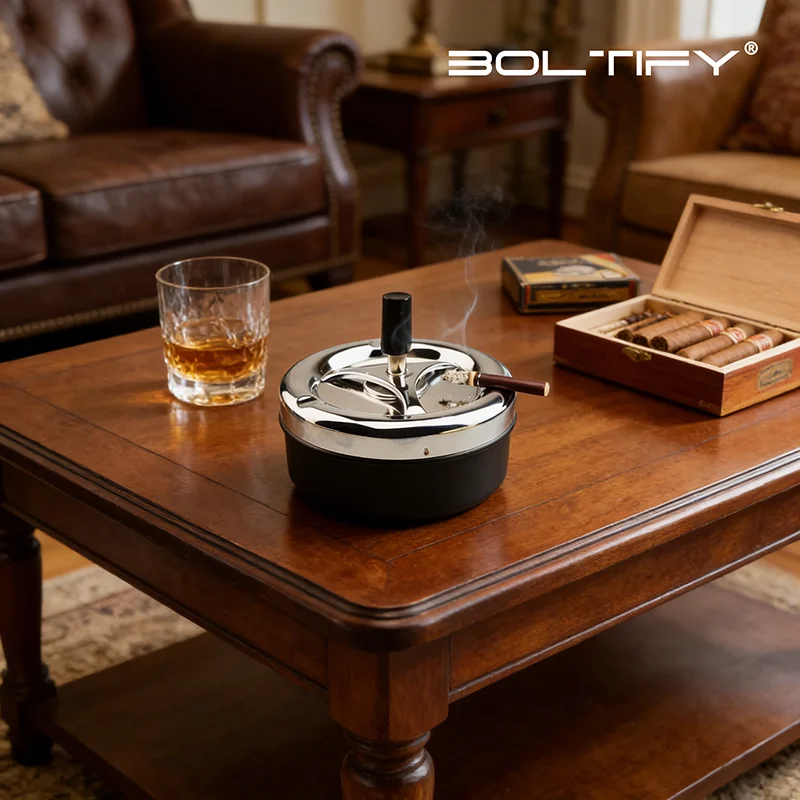 

BOLTIFY 2026 New Metal Ashtray Round Rotating Self-Clearing Smokeless Smoker Ashtray Office for Men Cigar Ashtray