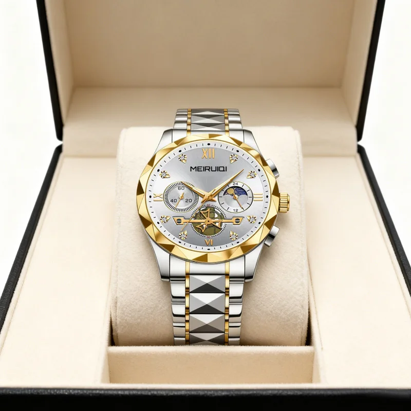 

Мужские золотисто-белые часы в повседневном стиле, элегантные, с изображением солнца и луны, многофункциональные, кварцевые.