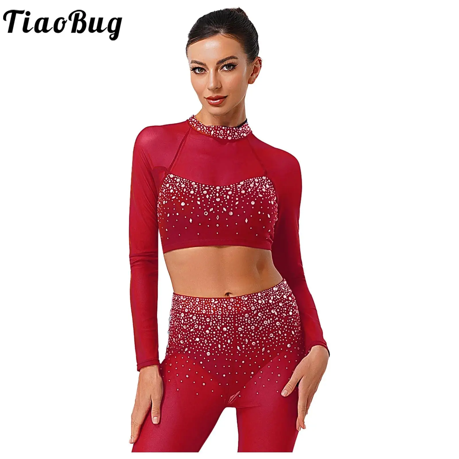 

Womens Glittery Rhinestones Modern Dance Crop Top Shirts Mesh Patchwork Long Sleeve Top Dancewear for Latin Tango Rumba Dance