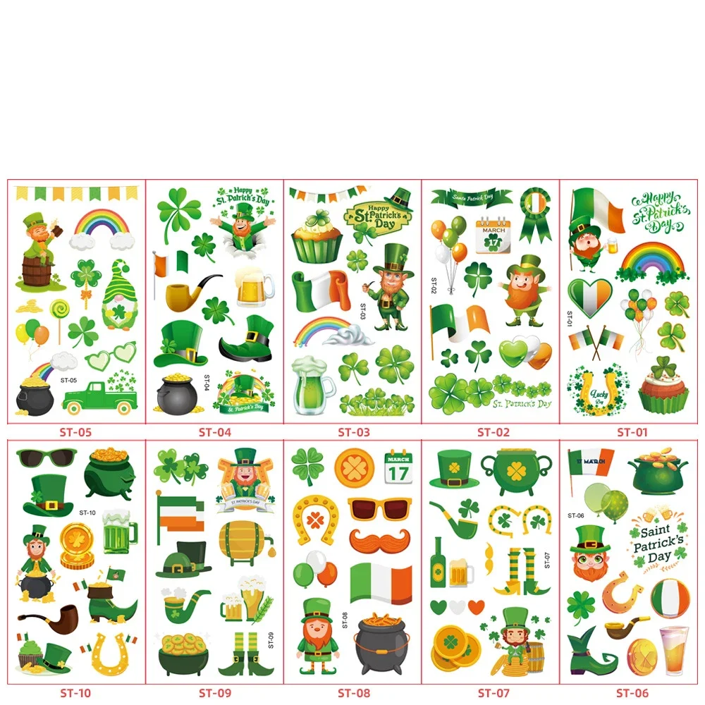 10 Sheets St Patrick’s Day Theme Party Tattoo Shamrock Coin Waterproof Face Body Stickers for Irish Saint Party Decoration