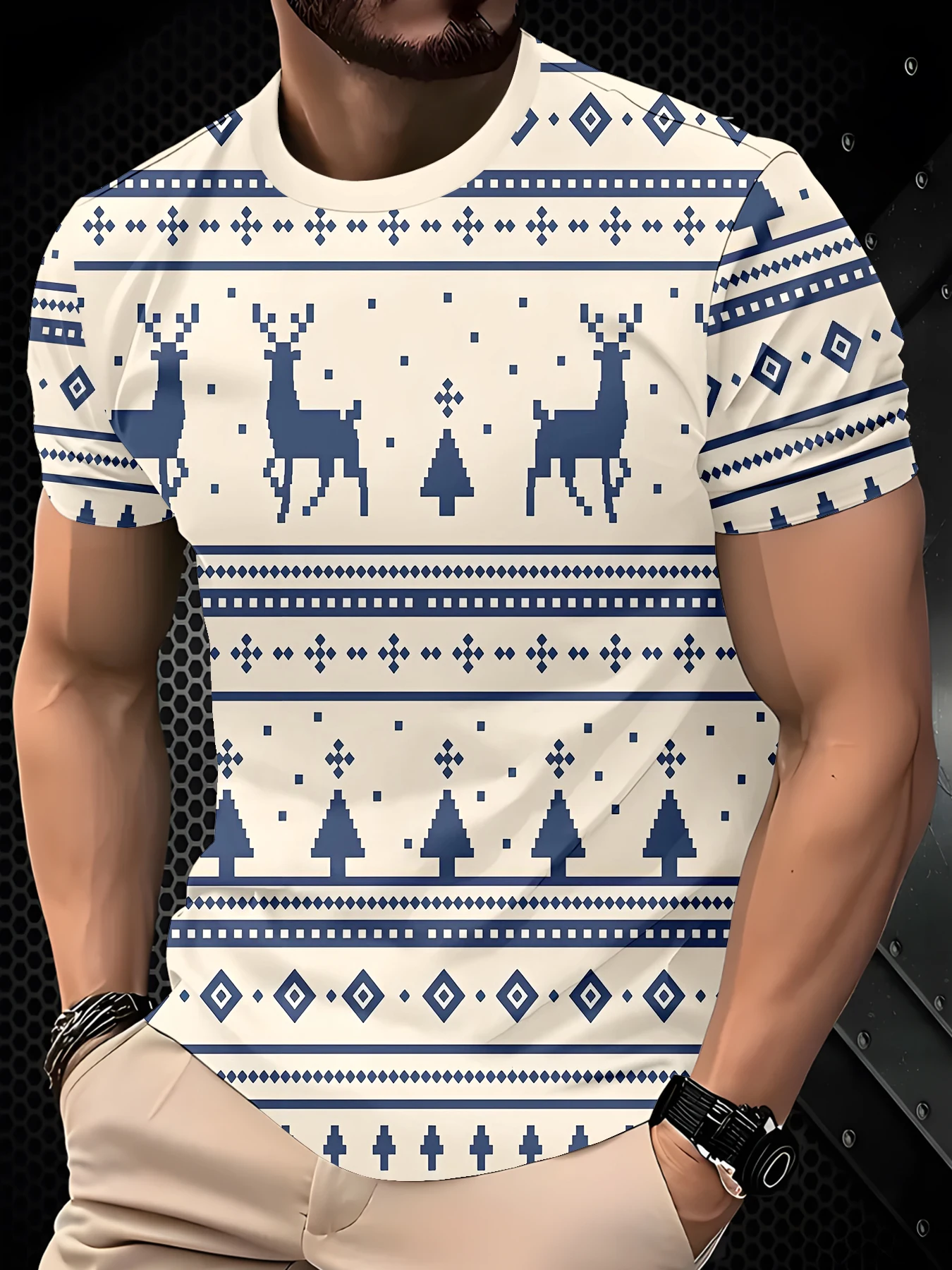 Men Crew Neck Short Sleeve T-Shirt, Pixel Deer And Pine Tree Geometric Striped Print