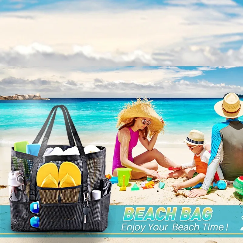 Multi-Pocket Mesh Large Beach Tote Bag, Lightweight Quick Dry Swim Storage Shoulder Bags  for Travel Outdoor Swimming Trip