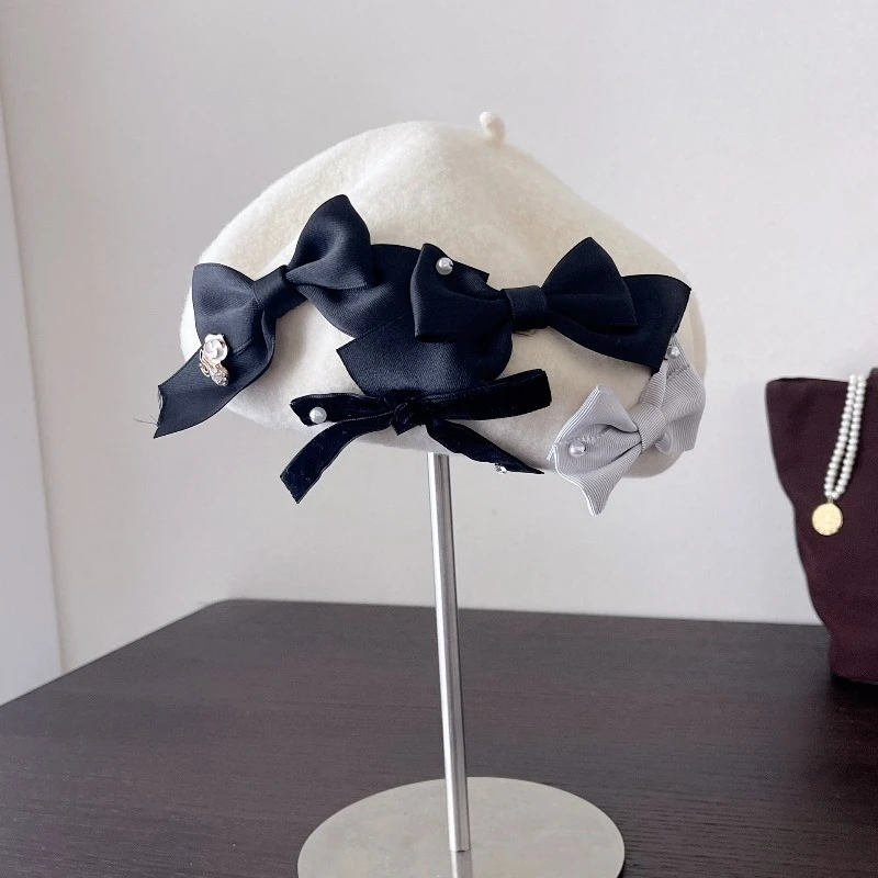 Korean Version Ins Pearl Bow Artistic Versatile Wool Beret Cap Women's Winter Personality Temperament Warm Dome Painter Hat