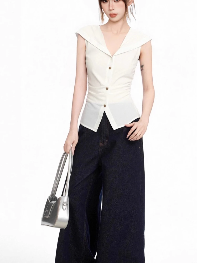 여성 탱크탑 화이트 네이비 칼라 민소매 셔츠 여성 여름 2025 신상 슬림핏 타이트 허리 블라우스 우아한 패션 숏 베스트 탑