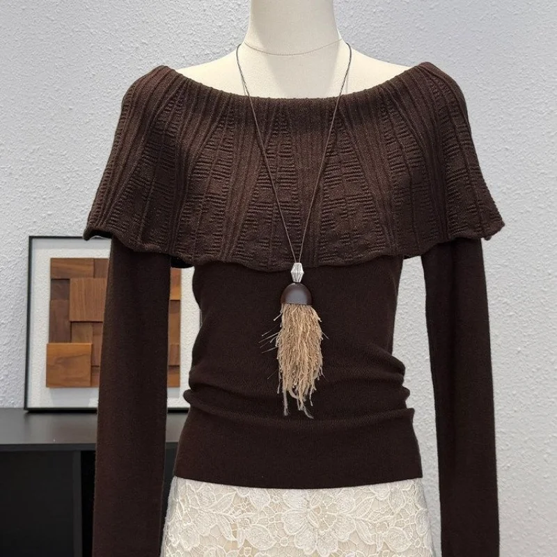 Brown Off Shoulder Knit Sweater Long Sleeve Ruffled Top Slim Fit Pullover for Women Korean Style Spring Autumn Wear