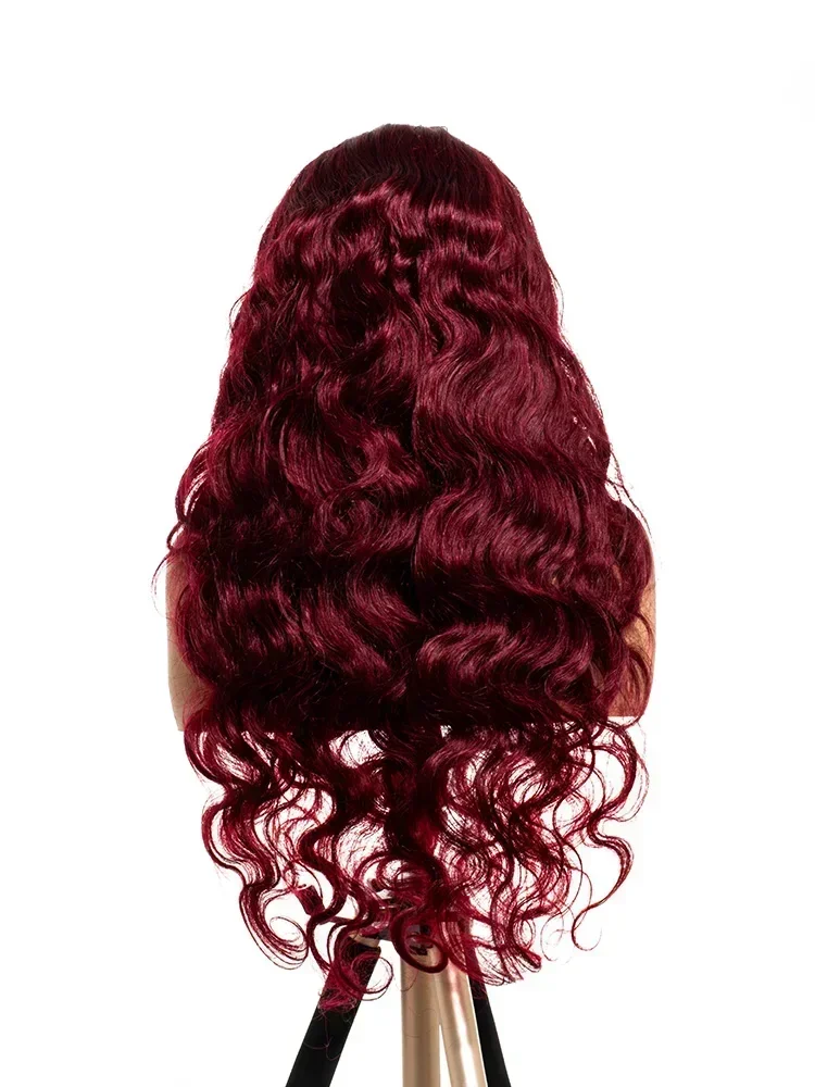 Wig rambut manusia depan gelombang tubuh 13x6 HD untuk wanita Wig renda depan 13x4 ketebalan 200 Wig tubuh Burgundy 99J