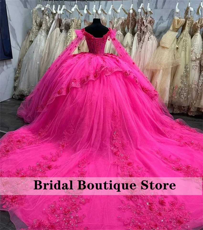 Glitter Fuchsia Princess Quinceanera Dresses 2024 Beads Flowers Appliques Crystal Ball Gown Sweet 15th Dress Customized