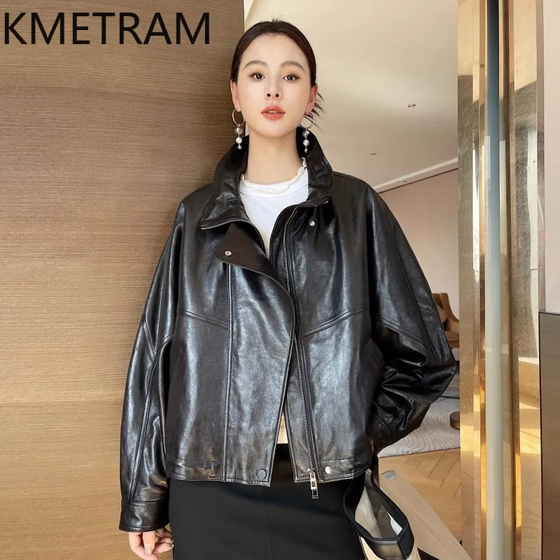 KMETRAM Real Oil-Waxed Sheepskin Leather Jacket Woman Stand Collar Oversized Coat Fashion Motorcycle Jackets Women Clothing 2026