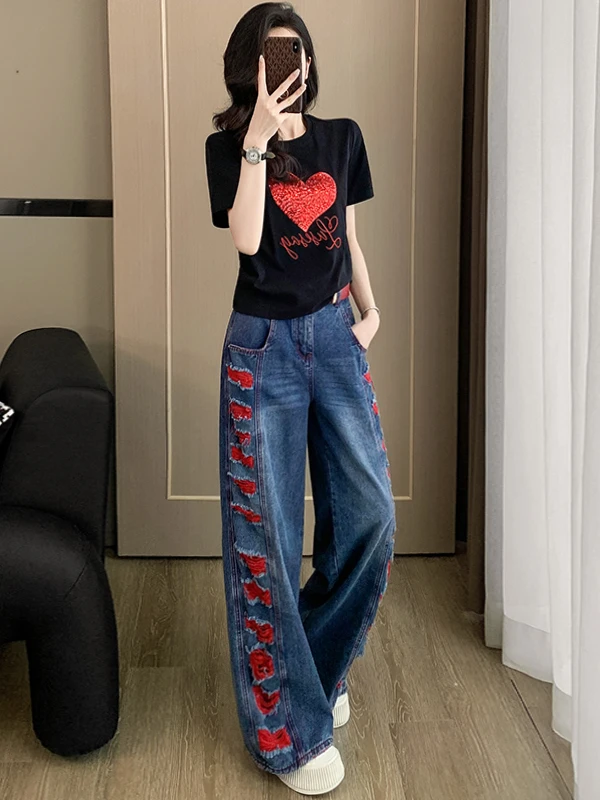 Fashionable Hong Kong Style Women's Slimming Black Short Sleeve T-Shirt Wide Leg Jeans Two-Piece Set Comfortable Cotton Summe... view 3