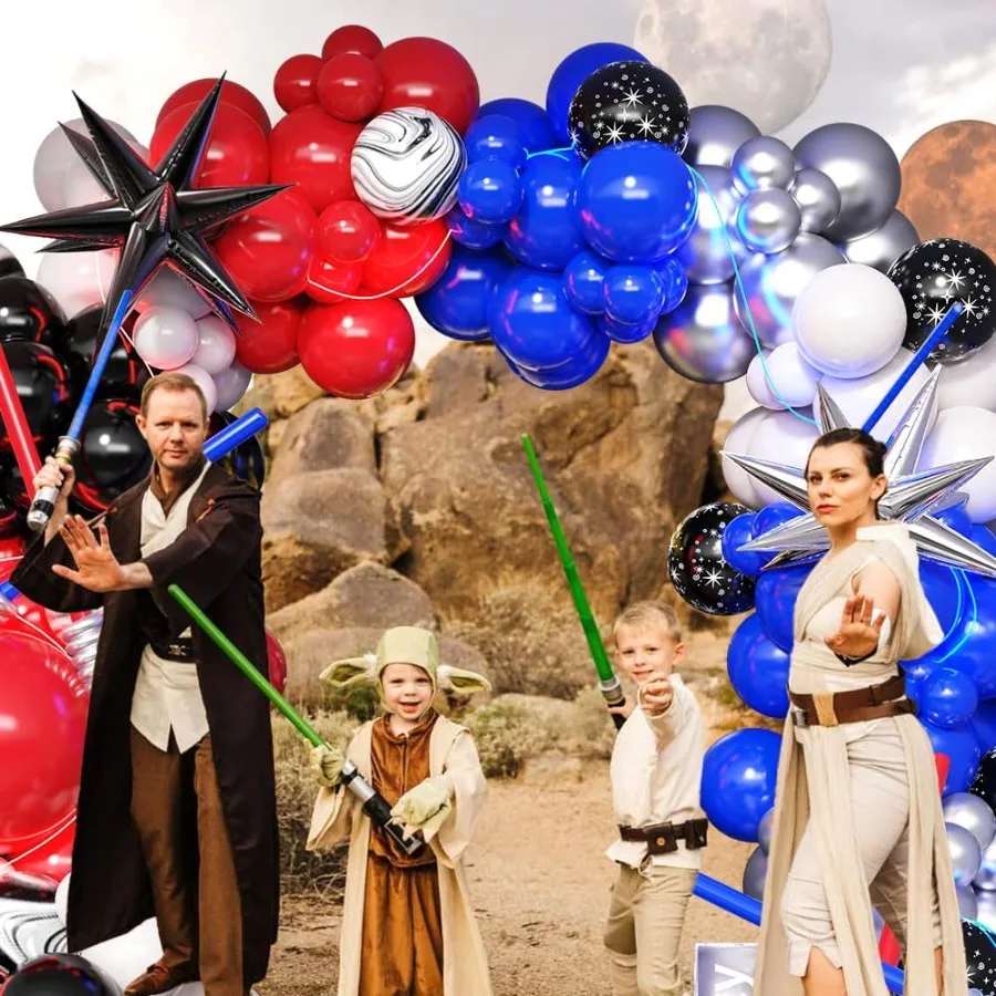 مجموعة قوس بالونات Galaxy Wa مكونة من 151 قطعة بالونات فضية باللون الأزرق الملكي والأحمر والأسود والأبيض لعيد ميلاد نجم Univee One مع The Forc