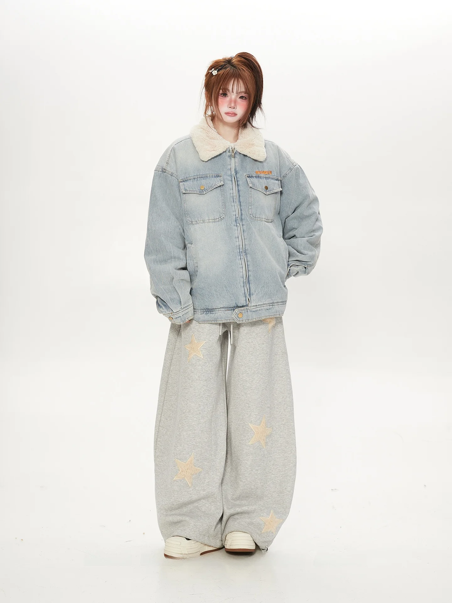 

American Retro Blue Faux Lamb Fur Patchwork Denim Jaet Women's Winter Thiened High Quali Couples Cotton Clothes