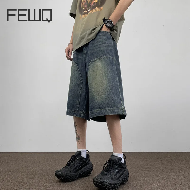 FEWQ Summer Casual Denim Shorts Loose Men\'s Wear 2024 New Fashion Male Washed Jeans Straight Wide Leg Trend Pocket 24X9023