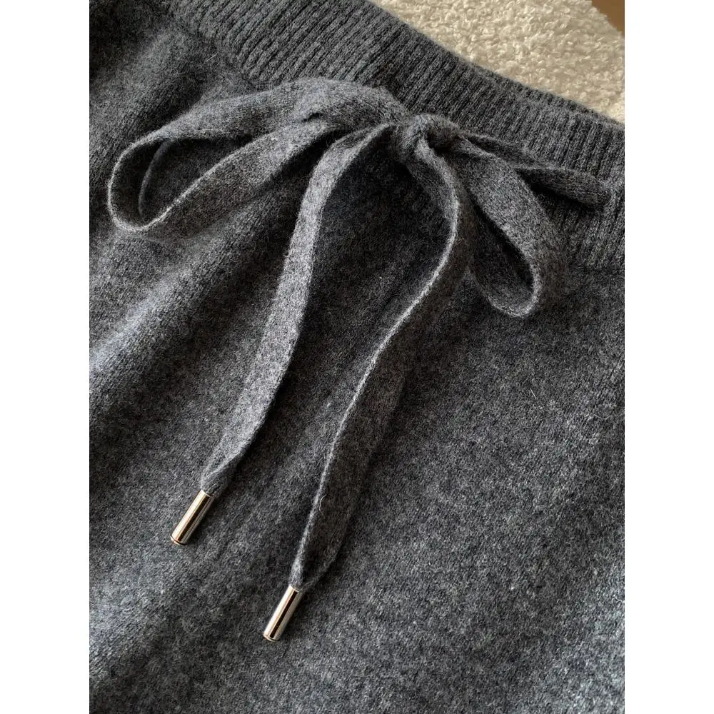 ey Thiened 00 الصوف محبوك بنطال ذو قصة أرجل واسعة المرأة فضفاضة عادية Camere مستقيم الساق بنطلون مريح l الخصر