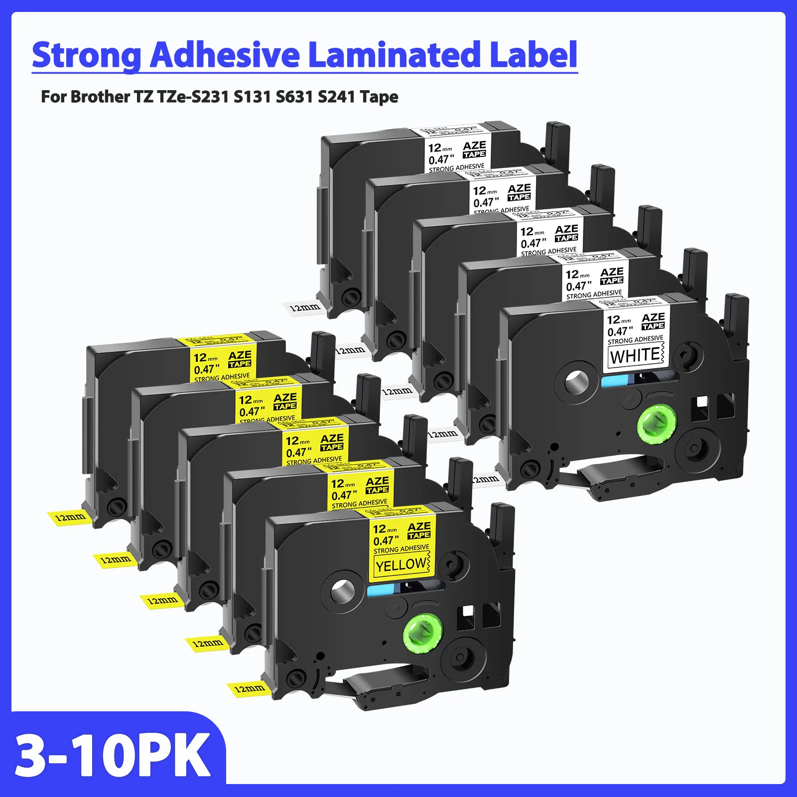 

3-10PK AZE-S231 Compatible for Brother TZ TZe-S231 S131 S631 Strong Adhesive Laminated Label Tape for P-Touch PT-D450 Printer