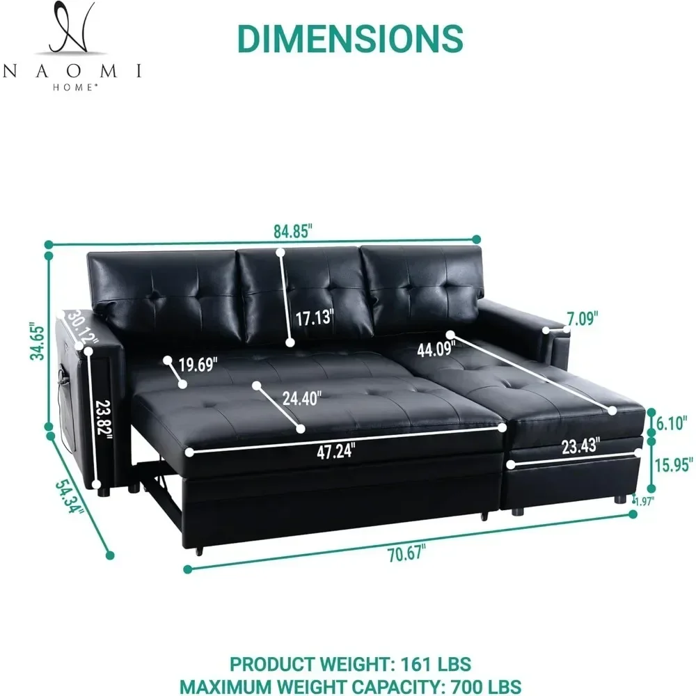 Lily Sectional Sleeper Sofa with USB Ports-L-Shaped Couch Convertible Pull-Out Bed, Ample Storage,Timeless Design