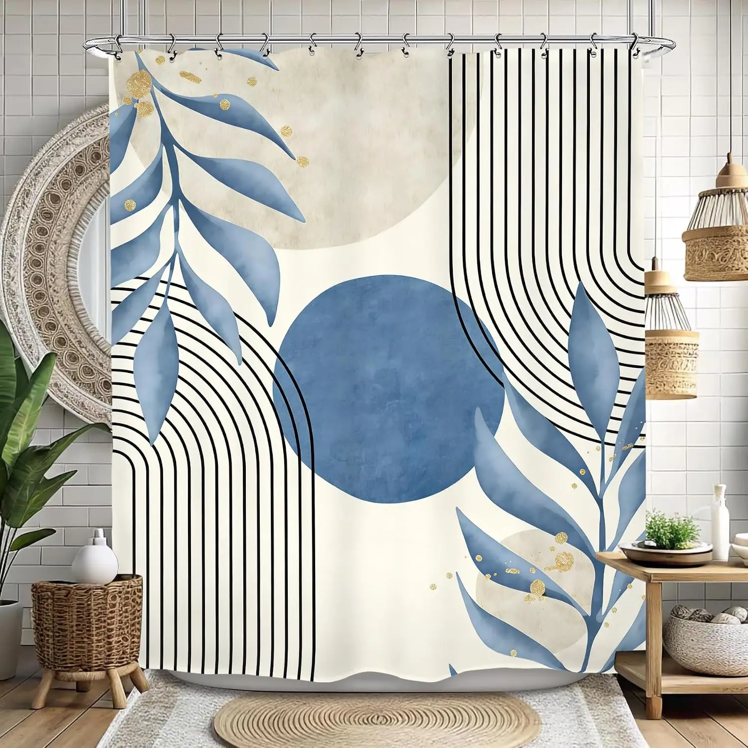 Modern Abstract Blue Leaves Shower Curtain Geometric Line Art Boho Bathroom Decor Waterproof Curtain 180x180cm