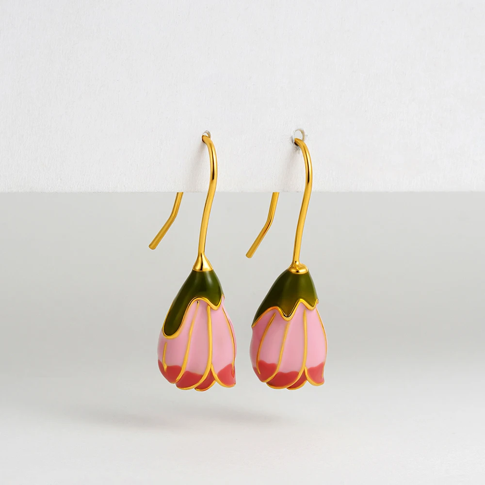 Vintage Verse Roze Emaille Tulp Bloemen Lange Kwast Drop Bengelen Oorbellen Voor Vrouwen Meisjes Zoete Bloemen 18K Vergulde Oorhaken