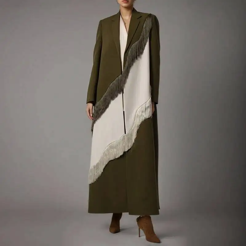 

HUISONG Fashion Contrast Color Tassel Spliced X-Long Blazer Women's Lapel Loose Covered Button Suit Jacket Spring Autumn New