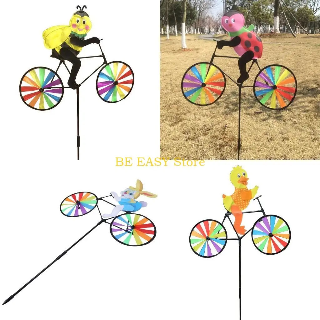E28F 3D Animal on Bike Windmill Wind Spinner Toys Ornament Accessory for Outdoor Gadren Yard Decoration Ornaments Supplies