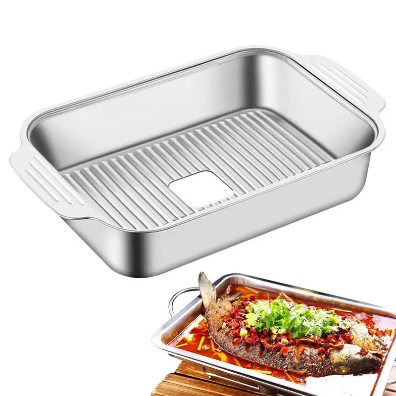 Stainless Steel Grill Pan Rectangle Grill Griddle Plate Metal Seafood Tray Barbecue Trays With Handles Grilling Pan For Family