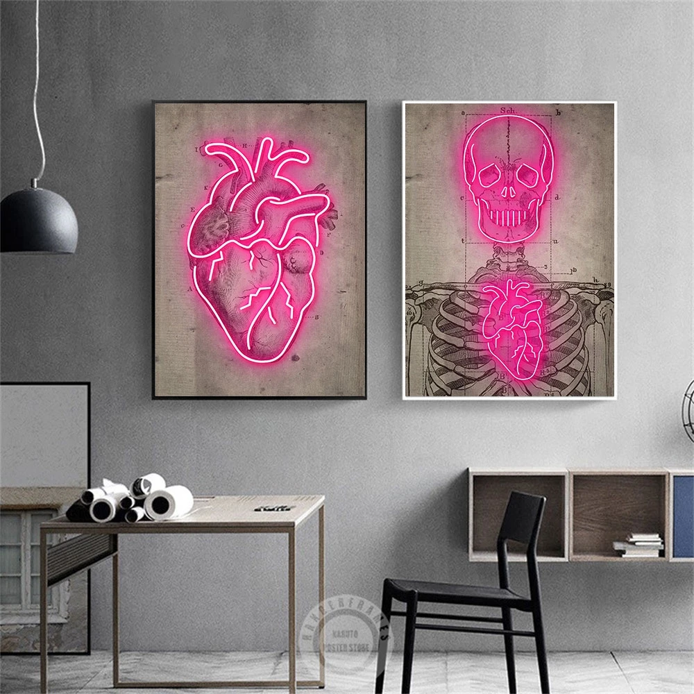 

Neon Effect Skeleton Diagram Vintage Print Canvas Painting Pink Heart Abstract Wall Art Poster Picture Living Room Home Decor