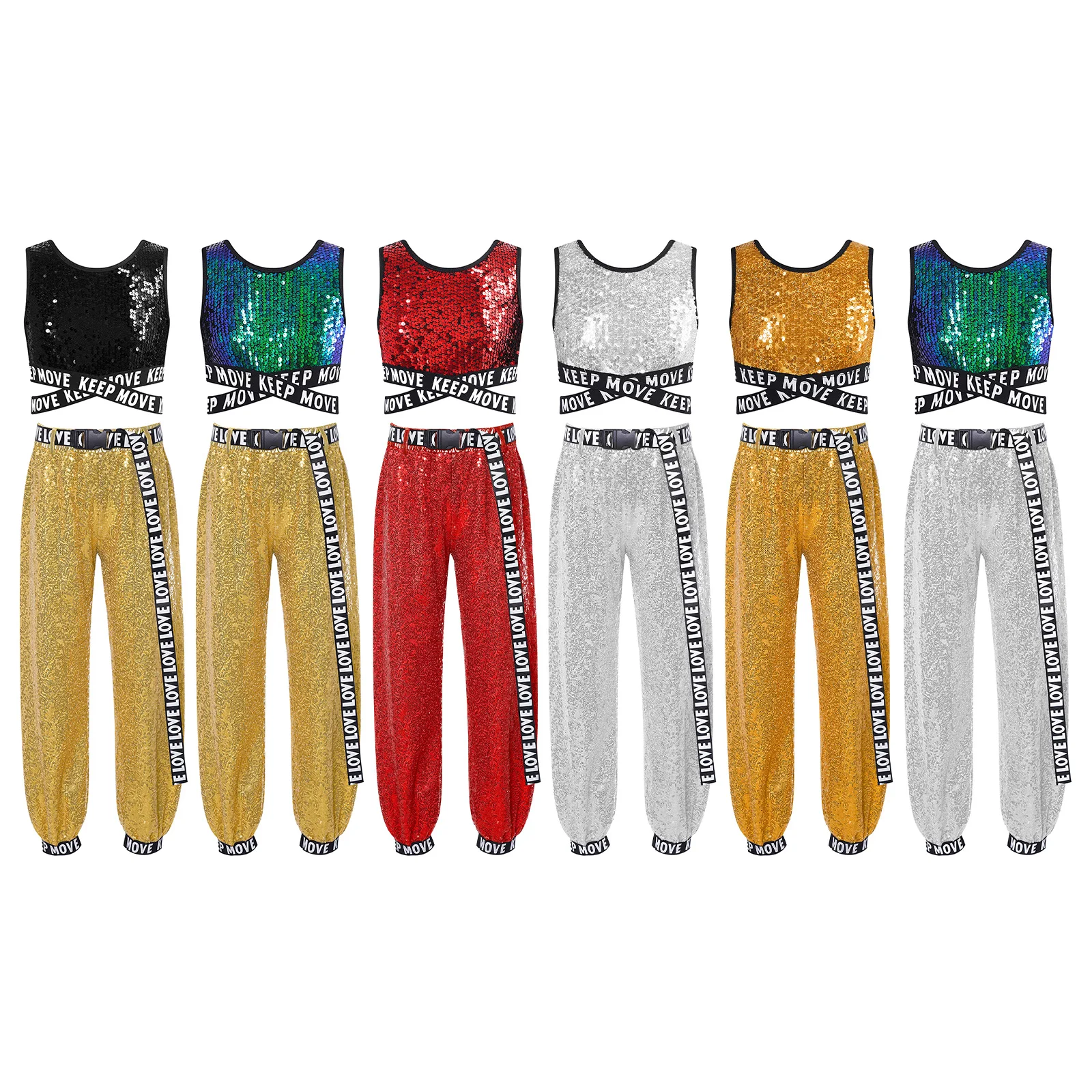 Kids Girls Sparkling Sequin Hip Hop Dance Outfit Jazz Hiphop Clothes Sets Crop Top with Pants Dancing Set for Girl Dancewear Set