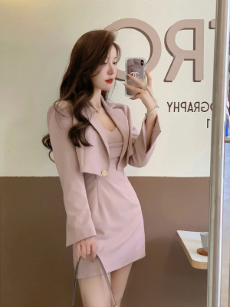 Korean Fashion Y2k Elegant Solid Mini Skirt Suit Women Casual Vintage Pink Long Sleeve Set Female Blazer Coat+Strap Dress 2024