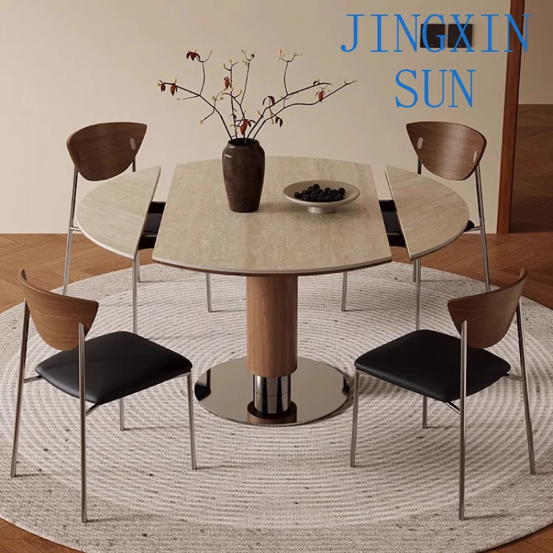 Modern Luxury Rock plate dining table and chair combination rotating round Extendable dining table Kitchen Home Furniture