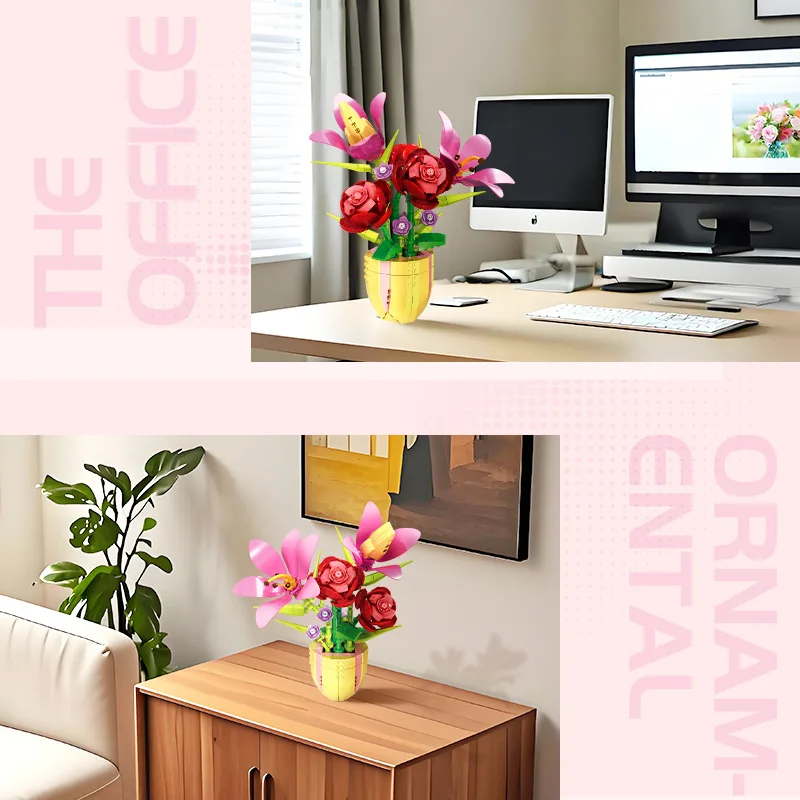 Building blocks, lilies, roses, small particle assembly, girls' plant potted plants, desktop ornaments, toys, gifts