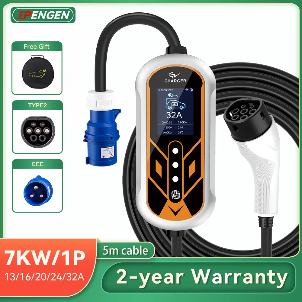 IPENGEN Type2 7KW EV Charger Portable 5M Cable 32A 1Phase EVSE Charging Box With APP Control Adjustable Current EVSE Charger