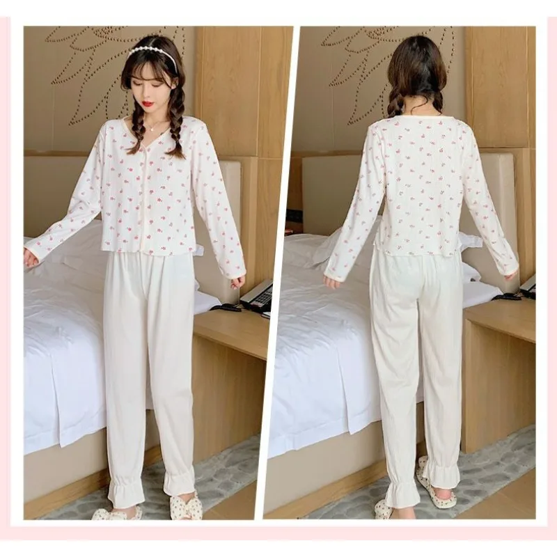 Pyjama FJJ à volants à col en V pour femme, vêtements de maison imbibés, manches longues, petit, floral, doux, 2 pièces, porté à l'extérieur, printemps, automne, nouveau