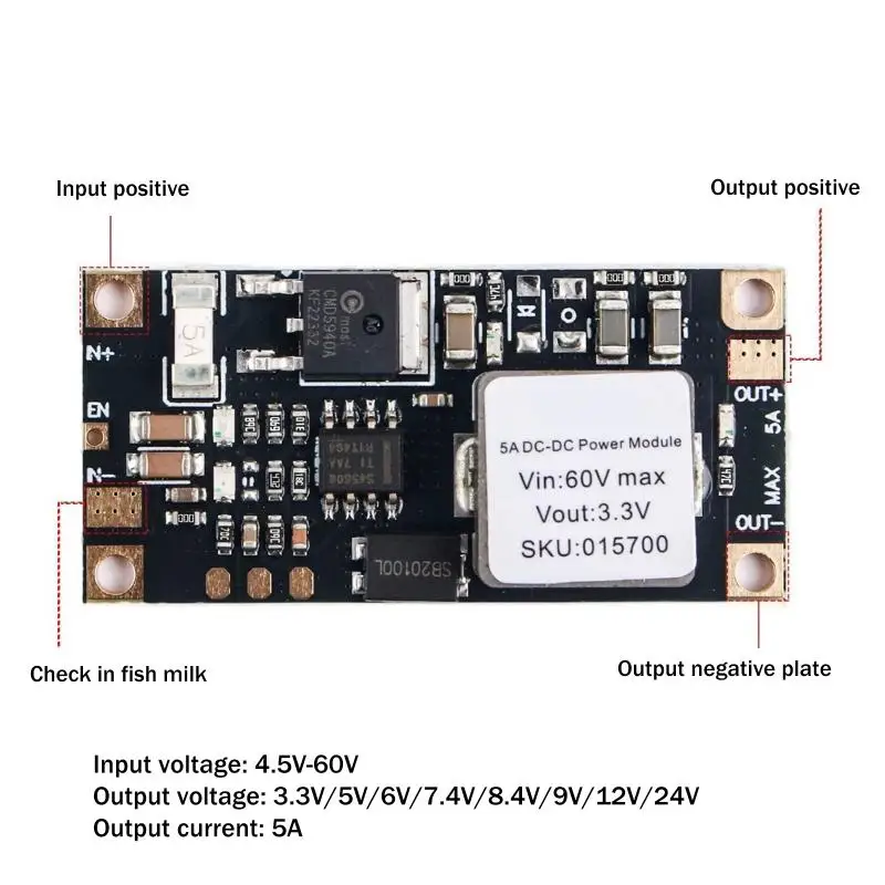 5A High Power DC-DC Step-down Module 60V to 3.3V Stable Voltage Transformer for Small Electronic Device Power Supply