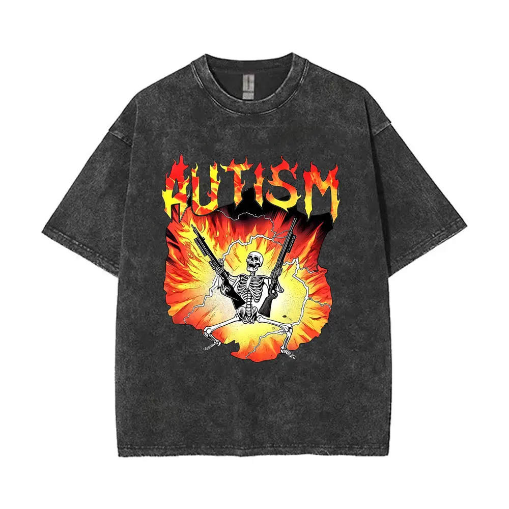 

Washed Vintage Autistic Funny Skeleton T-shirt Autism Meme Graphic T Shirts Men Women Fashion Cotton T-shirts Unisex Streetwear