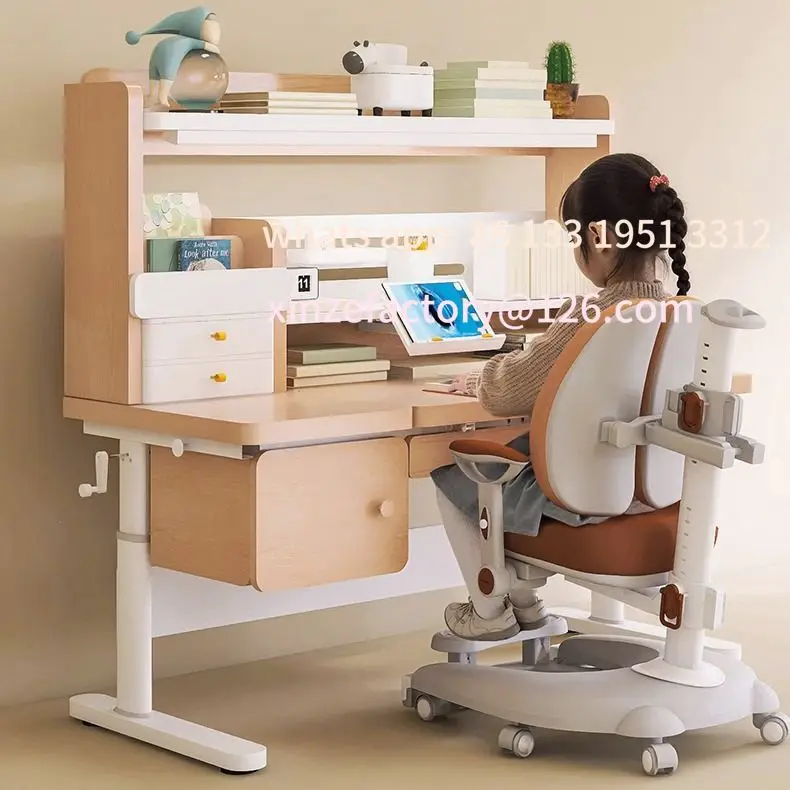 Children's study table, primary school student desk, lifting writing table, solid wood homework table, home table and chair set